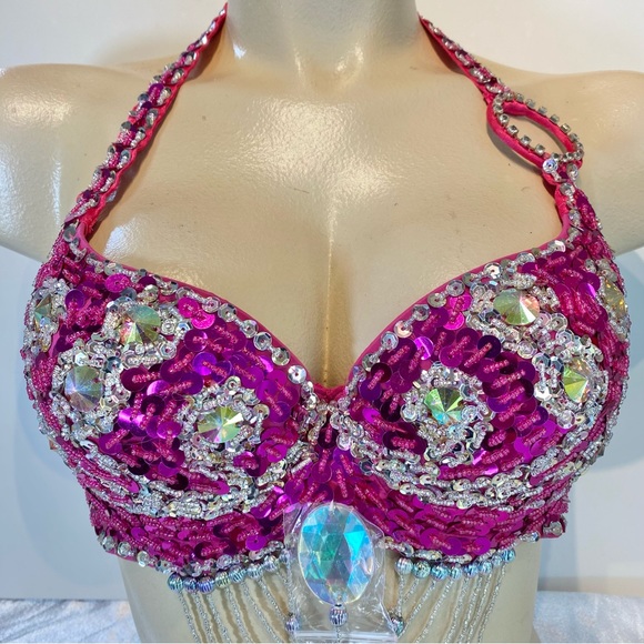 Hot Pink Sequin Bra and Belt Carnival BellyDance Performance Dancewear - Picture 4 of 13
